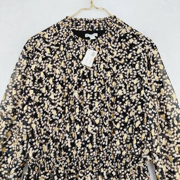 NEW SPANNER Black Yellow Lily of The Valley Print Long Sleeve Midi Dress P722 - Picture 2 of 9